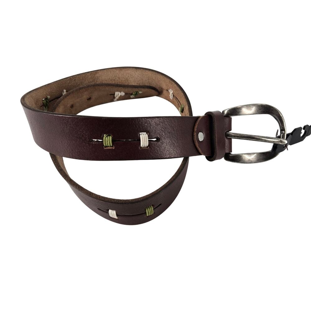 Brown Leather Belt with Stitching Detail Mens Small Outdoor Silver Hardware